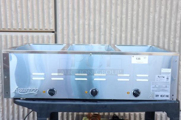 Brand new Avantco STE-3S three pan electric steam table, stainless steel, 120V, 1500W. Serial#: CK-240637R-082.