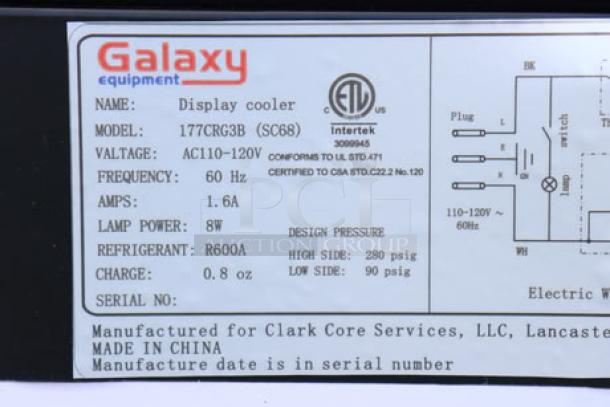 "Galaxy display cooler label showing model 17CRG3B, voltage 110-120V, frequency 60Hz, R600A refrigerant, and ETL certification."