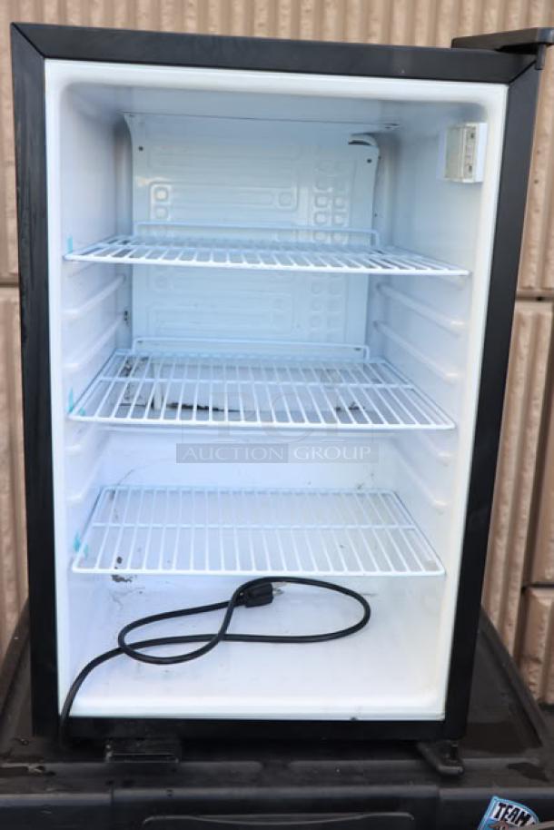 Black Galaxy CRG-3 countertop display refrigerated merchandiser, 2.5 cu ft, customizable shelves, power cord visible, out of packaging.