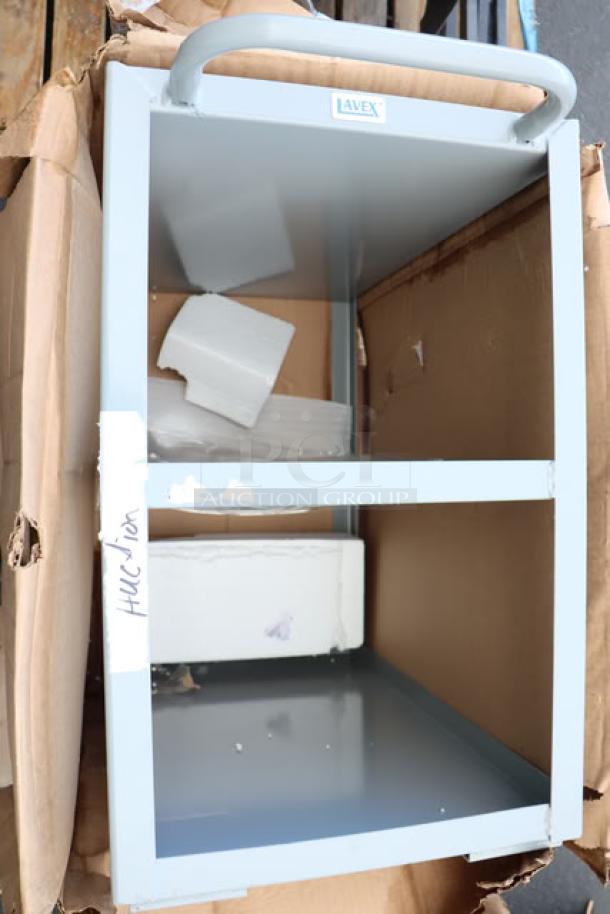 Lavex steel cart, new condition, unpackaged, contains foam pieces. Labeled "LAVEX," handle visible.