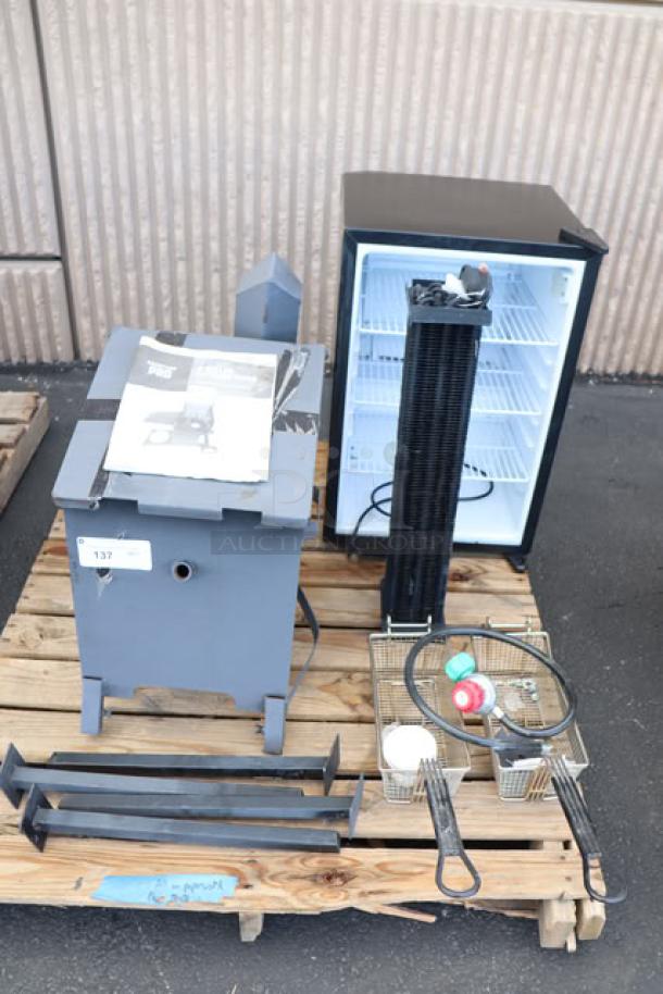 BRAND NEW SCRATCH-N-DENT Backyard Pro BPM4G 4 Gallon Propane Fryer, Galaxy CRG-3 Fridge, Lavex Cart, Condenser Coil on pallet.