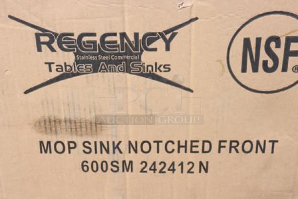 BRAND NEW Regency mop sink, 16-gauge stainless steel, model 600SM242412N, 24"x24"x12" bowl. Box damaged, possible scratches/dents.