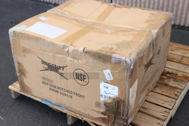 BRAND NEW Regency stainless steel mop sink, 24"x24"x12" bowl, model 600SM242412N. Original box is damaged.