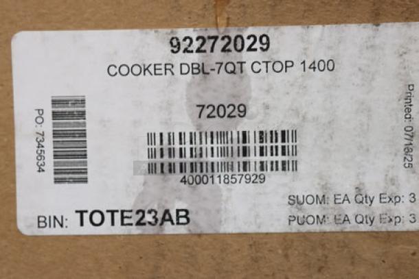 Label on Vollrath 72029 Cayenne Twin Well Rethermalizer packaging, showing model, serial number, and packing details.