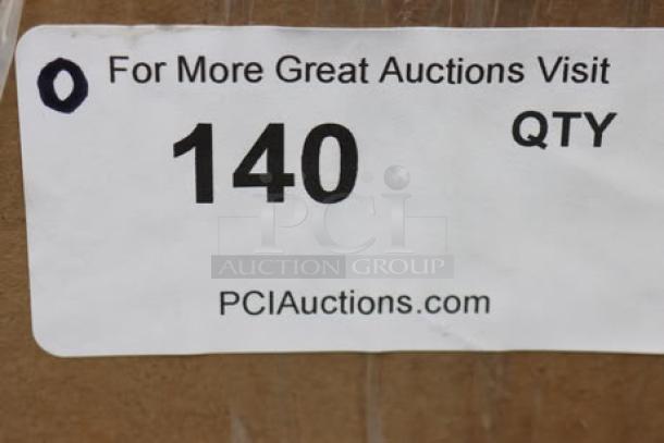 The image shows a damaged packaging box with a label reading "140 QTY, PCI Auctions.com."