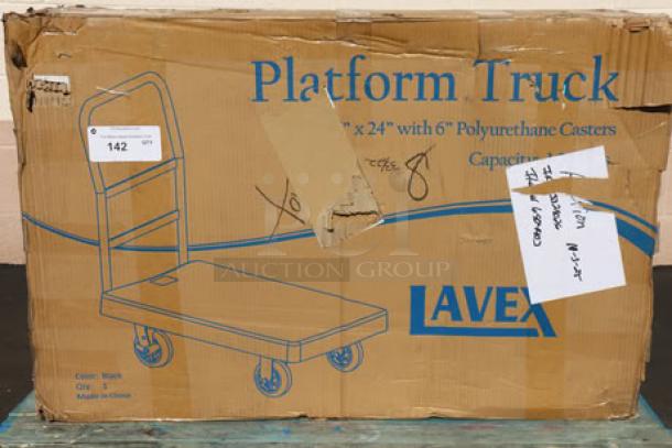 New Lavex 6904403 36" x 24" platform truck, 250 lb. capacity, ergonomic handle. Original packaging damaged, possible scratches/dents.