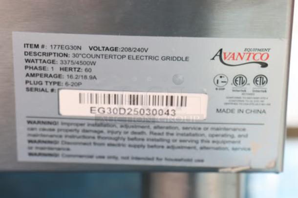 Brand new Avantco EG30N 30" electric griddle, 208/240V, 3375W-4500W. Serial number EG30D25030043, made in China.