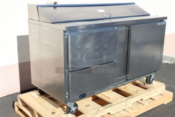 BRAND NEW SCRATCH-N-DENT Beverage-Air SPED60HC-16-2 sandwich prep table, 60", 1 door, 2 drawers, stainless steel, on casters.
