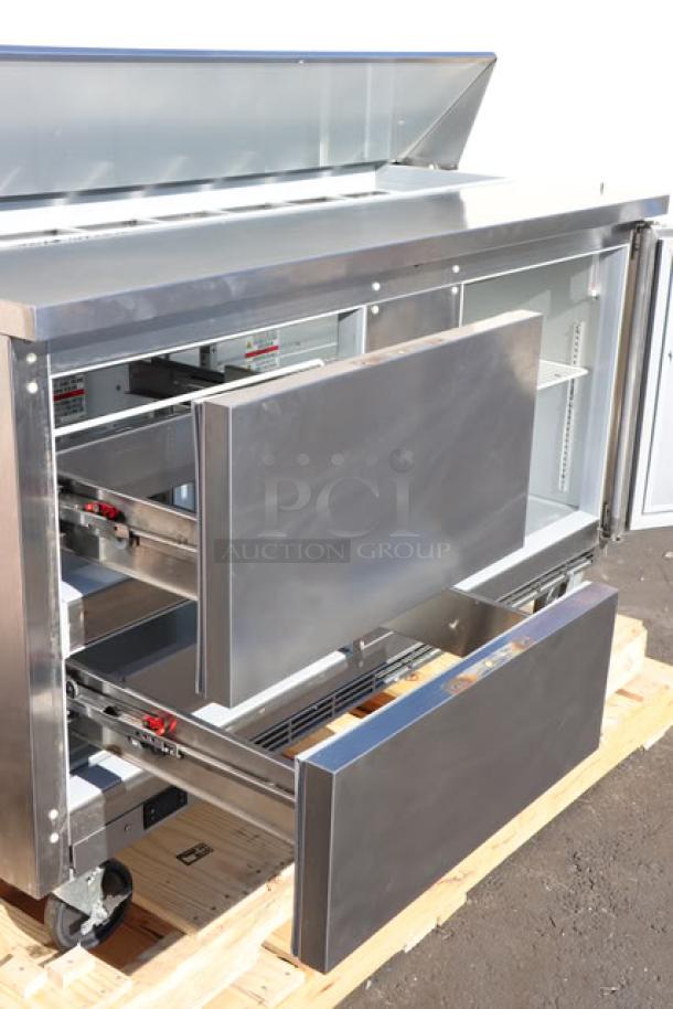 Brand new Beverage-Air SPED60HC-16-2 refrigerated sandwich prep table, 60", 1 door, 2 drawers, 115V, scratch-and-dent condition.