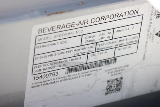 Beverage-Air SPED60HC-16-2 label, detailing model number, refrigerant R290, 115V, 9.6 Amps, 1 Phase, S/N: 15400793.