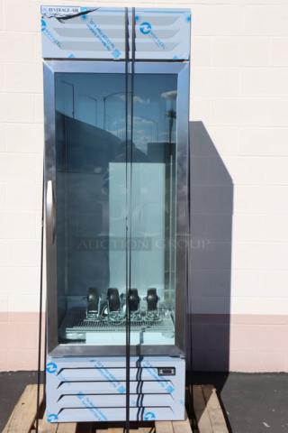 Beverage-Air RB19HC-1G glass door refrigerator, 27" Vista Series, brand new, minor dents, Energy Star label visible.