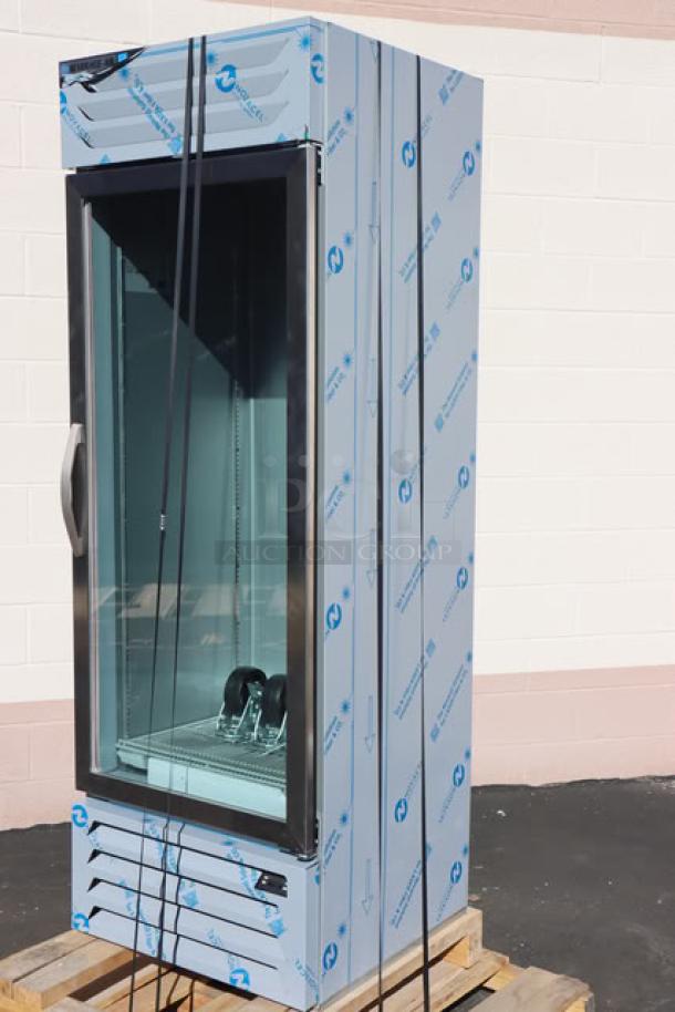 Beverage-Air RB19HC-1G glass door refrigerator, brand new with minor scratches, 27-inch, Vista Series, on pallet.