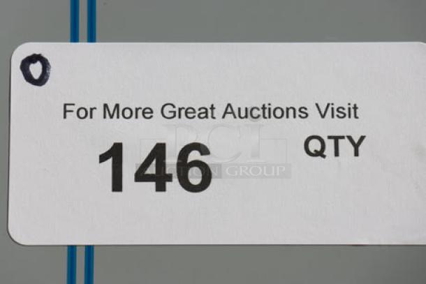 Sticker for auction lot 146, encouraging visits to more auctions. Features a circular mark on the top left.