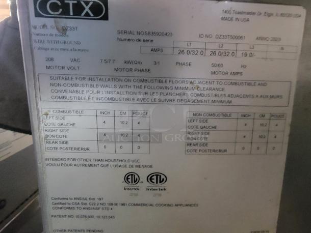 2023 Middleby Marshall CTX DZ33T double stack electric conveyor oven label, excellent condition, light use.