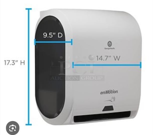 Brand new Georgia-Pacific enMotion paper towel dispenser, model 59407A. Automated, touchless, 17.3"H x 14.7"W x 9.5"D.