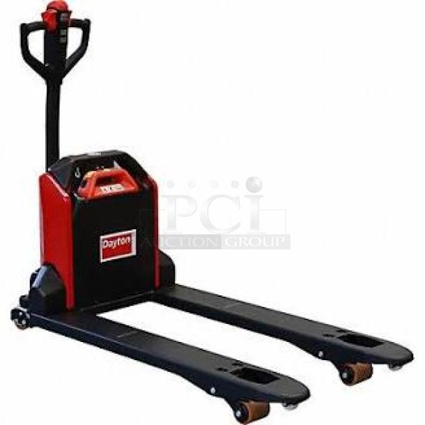 Dayton 55PD64 electric pallet jack, 3,300lb capacity, repair project, charger issue, 546 hours, heavy-duty, non-working.
