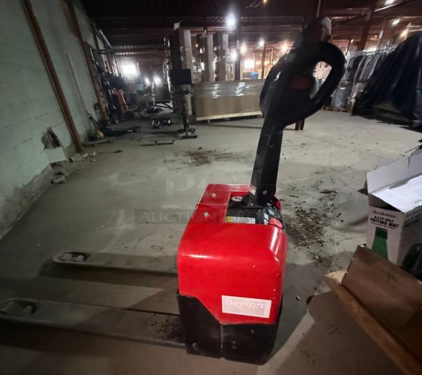 Dayton 55PD64 Electric Pallet Jack, 3,300lb capacity, 546 hours, charging issue, red, repair needed, retail $4k new.