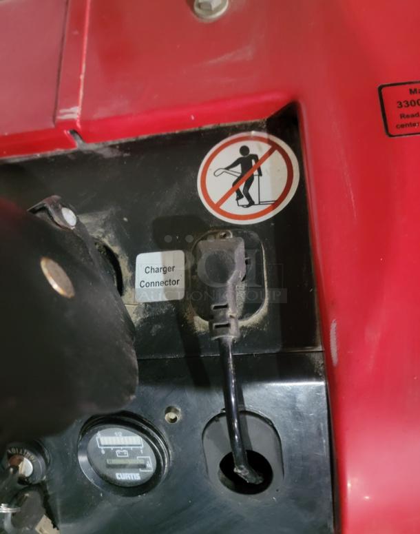 Dayton 55PD64 electric pallet jack charger port, warning label, Curtis battery gauge; 3,300lb capacity, repair needed.