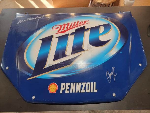 Rare Brad Keselowski signed NASCAR hood, featuring Miller Lite/Pennzoil graphics, "Blue Deuce" livery, Ford Fusion style.