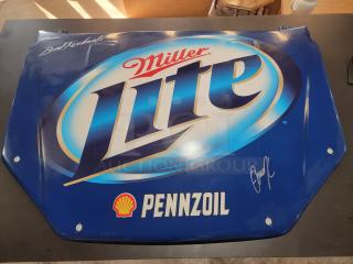Rare Brad Keselowski signed NASCAR hood, featuring Miller Lite/Pennzoil graphics, "Blue Deuce" livery, Ford Fusion style.