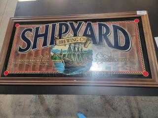 HUGE Shipyard Brewing Co. bar mirror, 65"x34", wood frame, pub-style, vibrant branding, ideal for home bars.