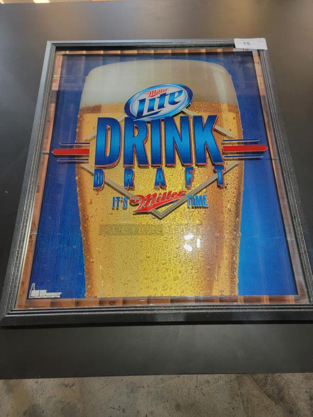 Vintage Miller Lite "Drink Draft" 3D Reflective Mirror Sign, 28"x34". High-gloss finish, 3D lettering, excellent decor piece.
