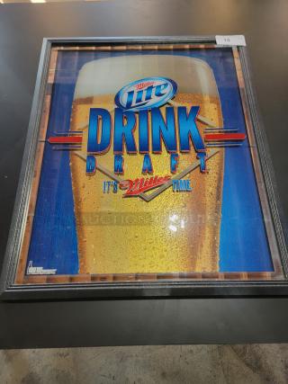 Vintage Miller Lite "Drink Draft" 3D Reflective Mirror Sign, 28"x34". High-gloss finish, 3D lettering, excellent decor piece.