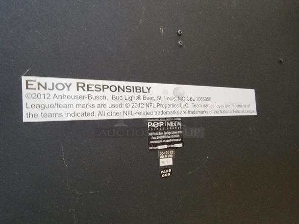 Back of Bud Light NFL LED Backlit Sign with 2012 Anheuser-Busch and POP NEON labels; marks usage and manufacturing details.