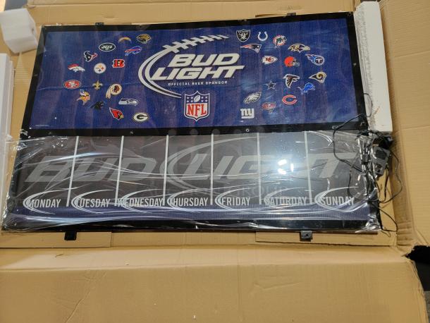 RARE Bud Light NFL LED Backlit Sign, 42"x28", features all NFL team logos and weekly game schedule tracker, 2012, POP NEON.
