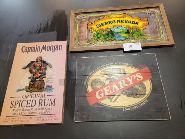Premium bar sign bundle featuring a Sierra Nevada framed glass sign, Captain Morgan 3D plaque, and Geary's Brewing wood sign.