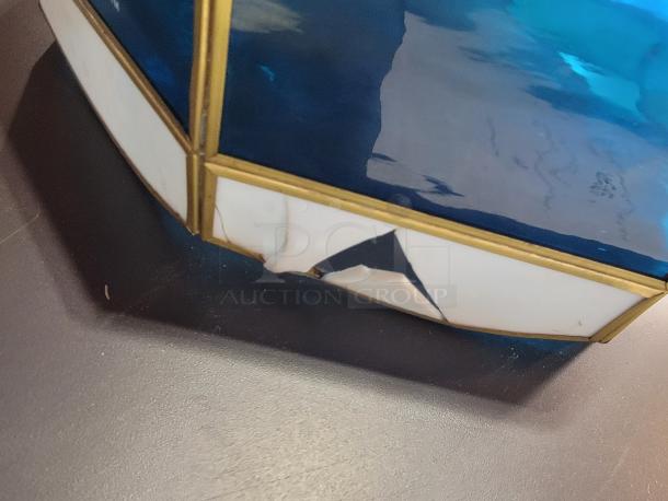 Vintage Miller Lite Tiffany-style light with stained glass and brass-tone frame; visible crack on white glass section.