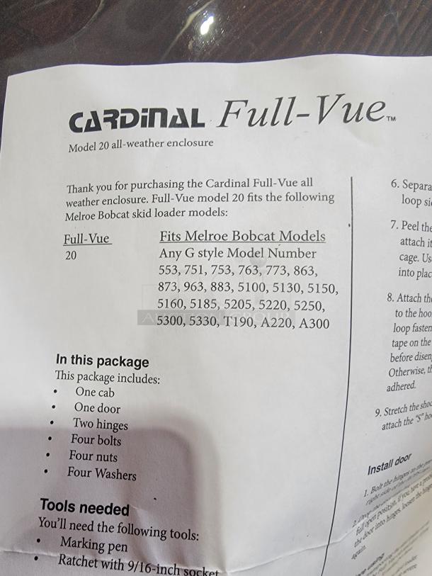Cardinal Full-Vue 20 skid steer cab enclosure for Bobcat G-series; new, heavy-duty vinyl, includes cab cover, door, hinges, bolts.