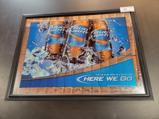 Bud Light "Here We Go" bar mirror, 36"x27", featuring 2010-era branding and cans. Black wood frame, ready to hang.