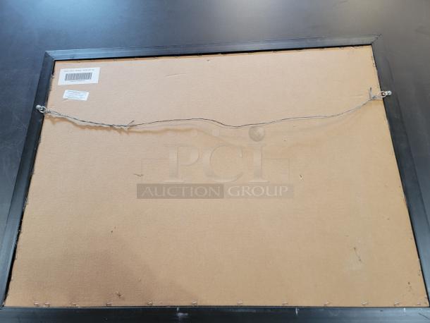 Back of Bud Light "Here We Go" bar mirror, 36"x27", with heavy-duty hanging wire, sleek black wood frame by Head West.