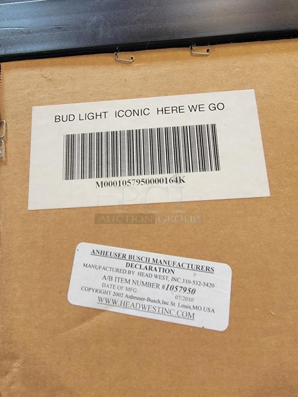 Back of Bud Light "Here We Go" bar mirror with tags. Manufactured by Head West for Anheuser-Busch, item #1057950, ready to hang.
