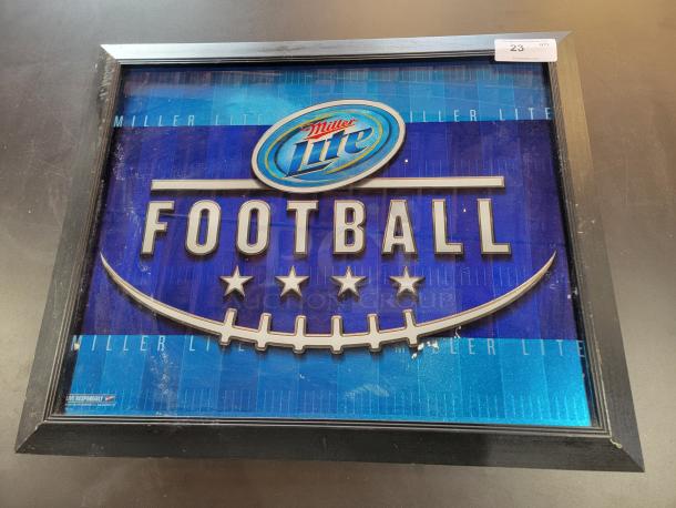 Rare 2008 Miller Lite/MGD reflective football plaque, 34" x 28", with 3D design and metallic accents, ready to mount.