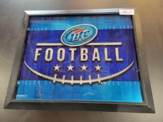 Rare 2008 Miller Lite/MGD reflective football plaque, 34" x 28", with 3D design and metallic accents, ready to mount.
