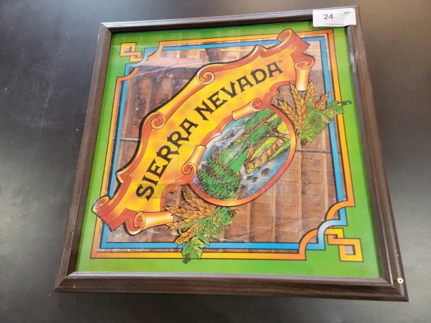 Large 27"x27" Sierra Nevada Brewing Co. mirror with mountain landscape, "Purest Ingredients" scroll, in solid wood frame.