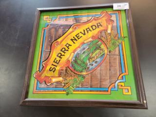 Large 27"x27" Sierra Nevada Brewing Co. mirror with mountain landscape, "Purest Ingredients" scroll, in solid wood frame.
