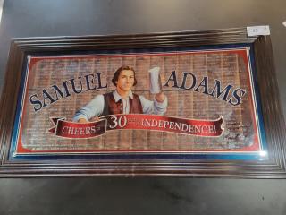 Rare signed Samuel Adams 30th Anniversary mirror, 52"x28", autographed by Jim Koch. Rich wood frame, brewery beer list backdrop.