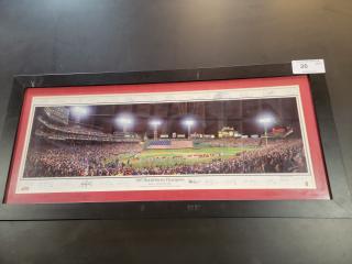 Framed 43.5" x 20" panoramic of 2007 Red Sox World Series by Rob Arra. Includes printed signatures, black frame, red matting.