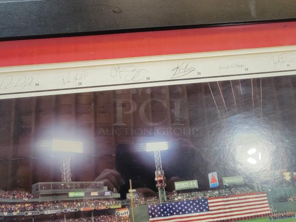Framed Red Sox 2007 World Series panoramic by Rob Arra, 43.5" x 20", with printed player signatures and jersey numbers.