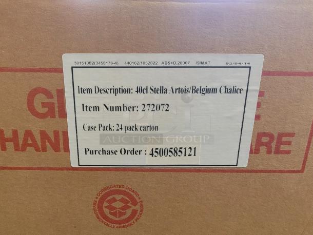 24-pack Stella Artois Belgium Chalices, 40cl, gold rim, star stem. Box label shows item number 272072 and purchase order 4500585121.