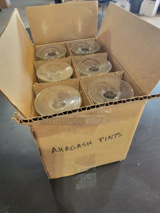 Set of 6 Allagash Brewing stemmed pint glasses in original box, featuring orange logo and leaf design, excellent condition.