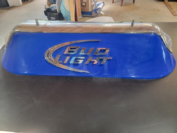 Official Bud Light pool table light, 53", blue canopy, chrome accents, "BL" logo, by Everbrite, tested and working.