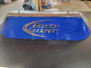Official Bud Light pool table light, 53", blue canopy, chrome accents, "BL" logo, by Everbrite, tested and working.
