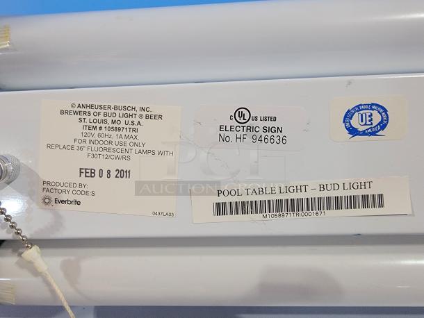 Official Bud Light pool table light by Everbrite, 53", blue with chrome accents, "BL" logo, tested, working. Marked UL listed.