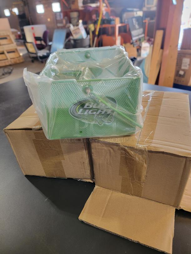 Set of 2 Bud Light Lime metal mesh bar caddies, lime-green, brand new, features iconic logo, ideal for BBQs and parties.