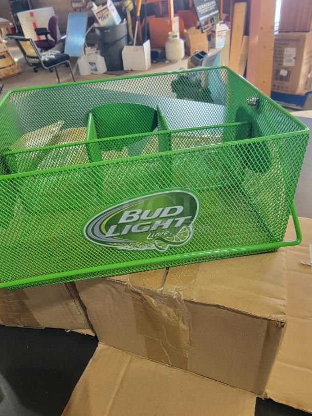 Set of 2 lime-green metal mesh bar caddies, featuring Bud Light Lime logo, brand new condition.
