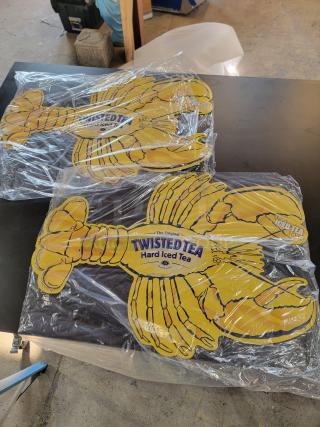 Set of 2 Twisted Tea metal lobster signs, brand new, 36"x25", embossed metal, vibrant yellow and blue branding.